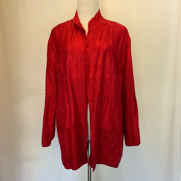 Chico’s Red Silk Embroidered Jacket Size 1 (S/M) - Picture 3 of 8